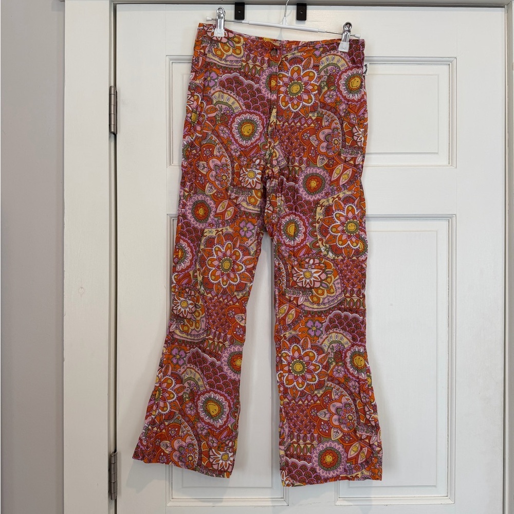 Billabong Orange & Pink Floral Print Pants 70s Print Hippie - Picture 2 of 8